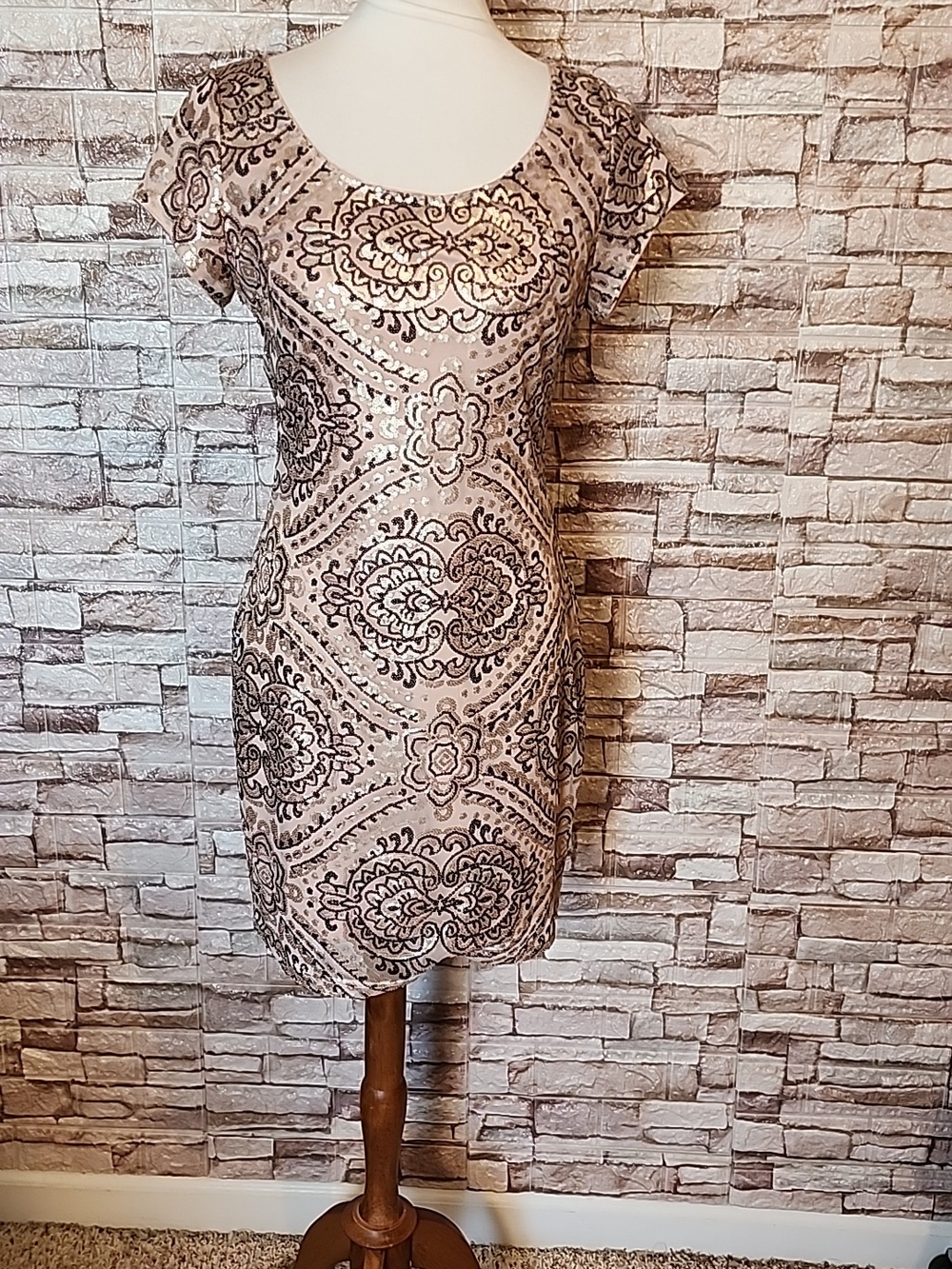 Marineblu Elegant Brown/ Black / Gold Patterned Dress